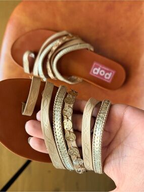 POP Womens Beige Gold Embellished Strappy Sandals